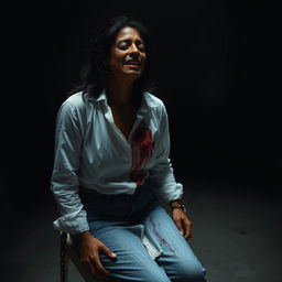 An Indian woman in her 30s, wearing jeans and a white shirt, is tied to a chair with a chain at a distance in a dimly lit, dark room