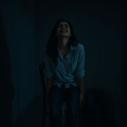 An Indian woman in her 30s, wearing jeans and a white shirt, is tied to a chair with a chain at a distance in a dimly lit, dark room