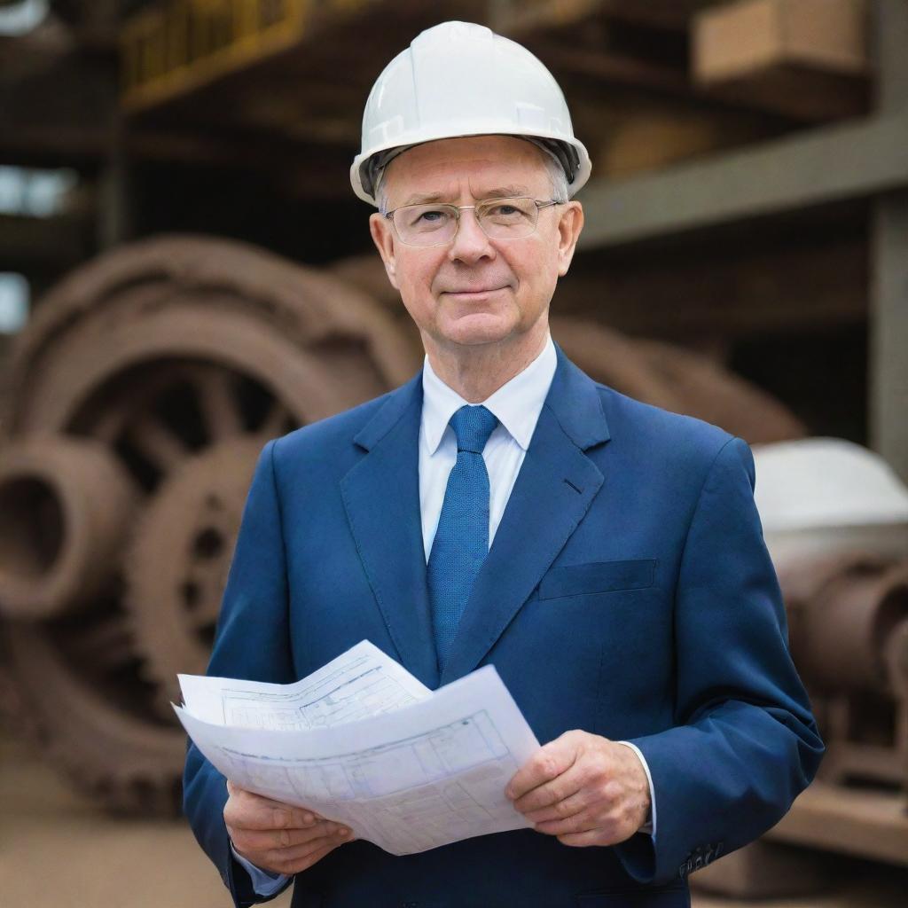 A portrait of Leonard Indon, an intelligent and respected engineer. He's in professional attire, holding blueprints and a safety helmet, with intricate machinery in the background