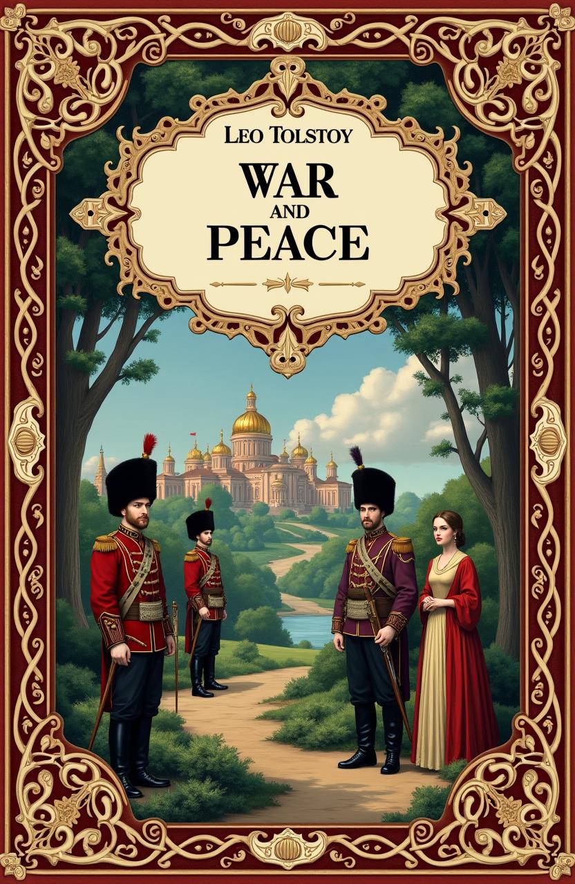 A stunningly intricate and beautifully designed alternative classical book cover for Leo Tolstoy's "War and Peace"