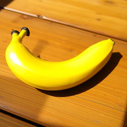 A vibrant, ripe banana with a glossy yellow peel, lying on a rustic wooden table