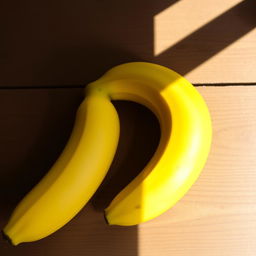 A vibrant, ripe banana with a glossy yellow peel, lying on a rustic wooden table