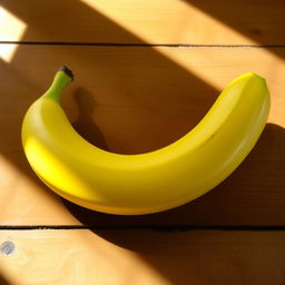 A vibrant, ripe banana with a glossy yellow peel, lying on a rustic wooden table