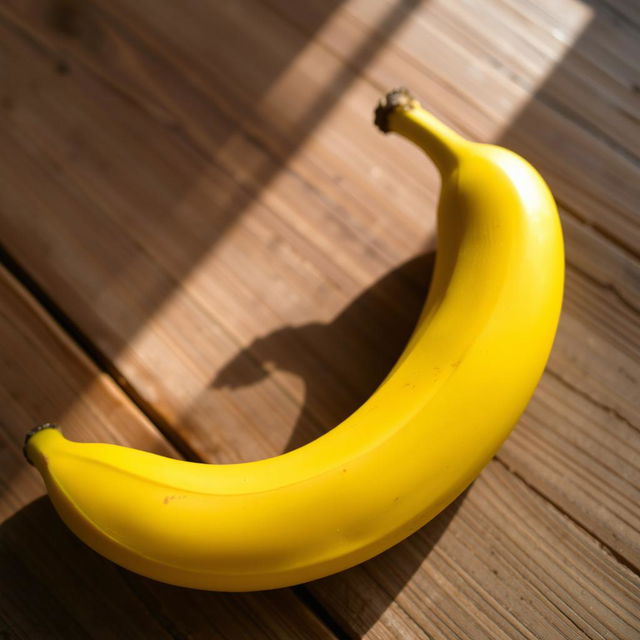 A vibrant, ripe banana with a glossy yellow peel, lying on a rustic wooden table