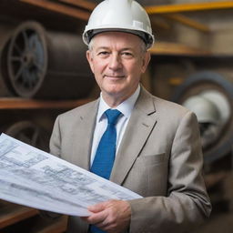 A portrait of Leonard Indon, an intelligent and respected engineer. He's in professional attire, holding blueprints and a safety helmet, with intricate machinery in the background