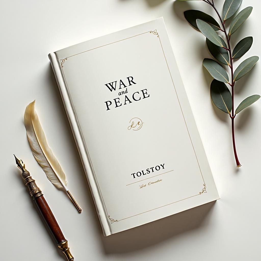 A minimalist yet elegantly classic book cover for Leo Tolstoy's "War and Peace" set against a pristine white background