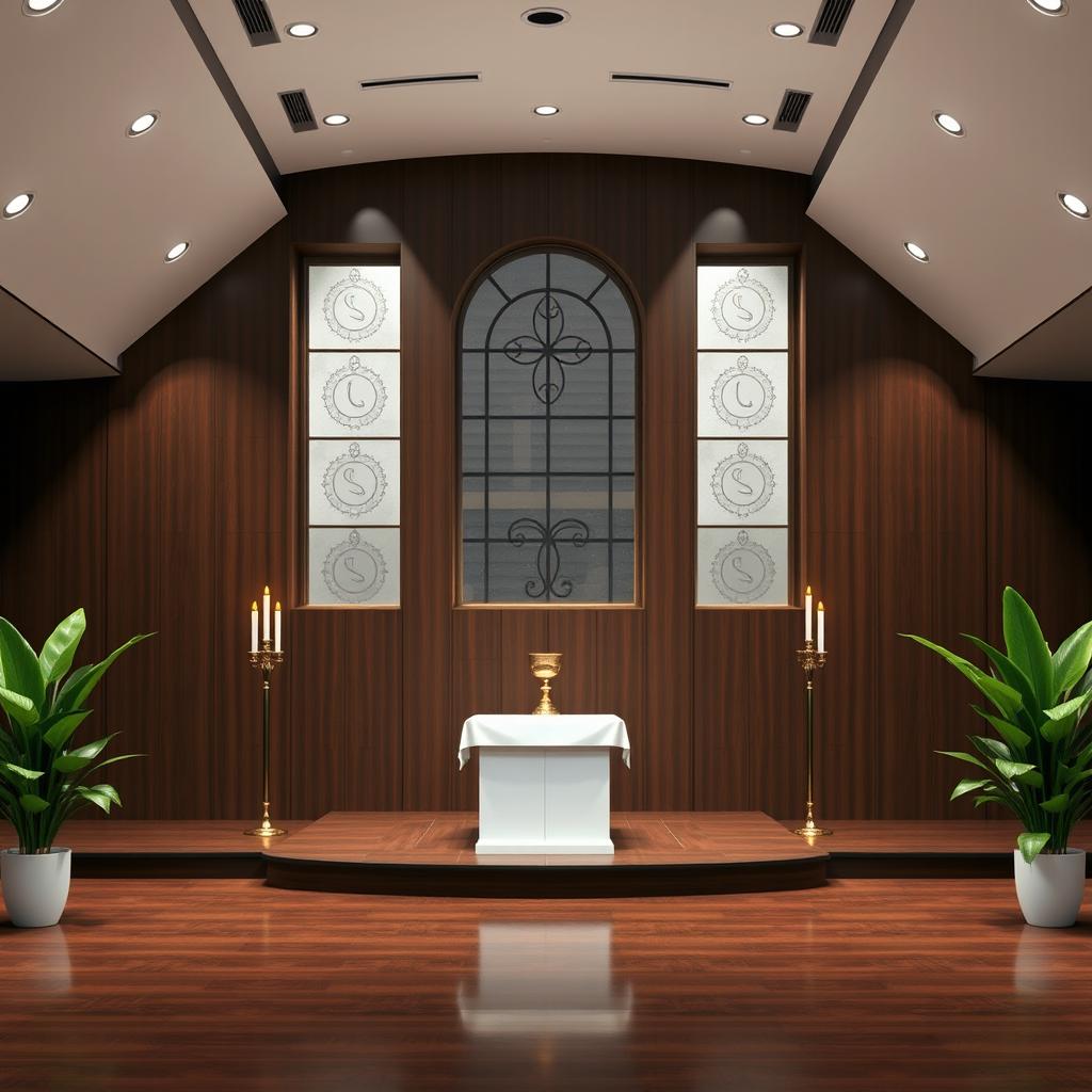 Design a church stage where a central window on the back wall is seamlessly integrated into the overall layout