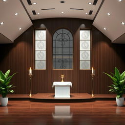 Design a church stage where a central window on the back wall is seamlessly integrated into the overall layout