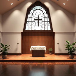 Design a church stage where a central window on the back wall is seamlessly integrated into the overall layout