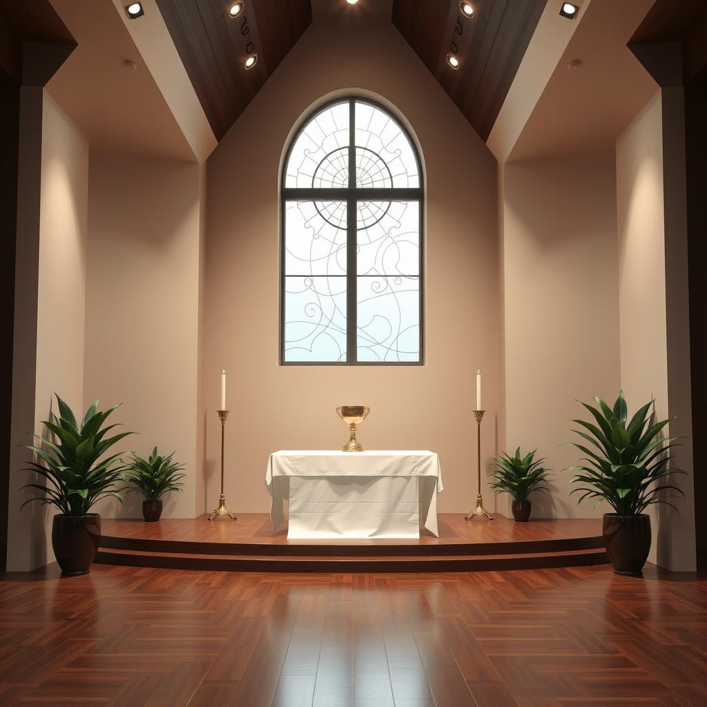 Design a church stage where a central window on the back wall is seamlessly integrated into the overall layout