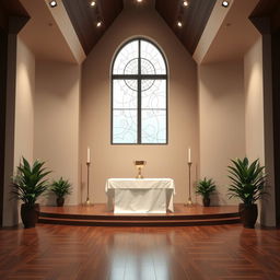 Design a church stage where a central window on the back wall is seamlessly integrated into the overall layout