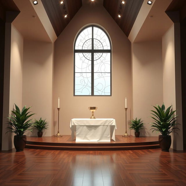 Design a church stage where a central window on the back wall is seamlessly integrated into the overall layout