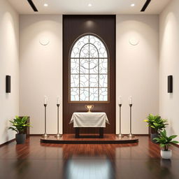 Design a church stage where a central window on the back wall is seamlessly integrated into the overall layout