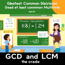 An educational illustration showing the concept of GCD (Greatest Common Divisor) and LCM (Least Common Multiple) for 5th-grade students