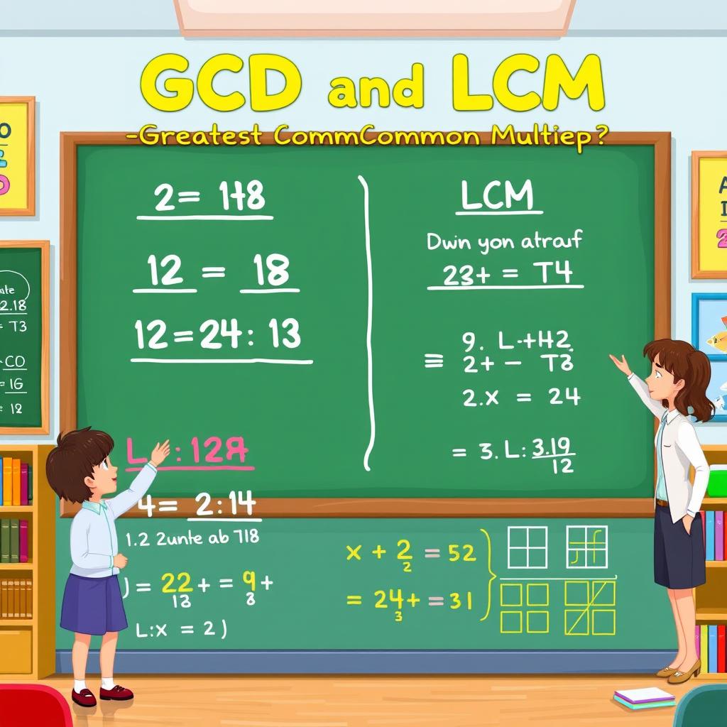 An educational illustration showing the concept of GCD (Greatest Common Divisor) and LCM (Least Common Multiple) for 5th-grade students