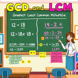 An educational illustration showing the concept of GCD (Greatest Common Divisor) and LCM (Least Common Multiple) for 5th-grade students