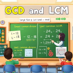 An educational illustration showing the concept of GCD (Greatest Common Divisor) and LCM (Least Common Multiple) for 5th-grade students