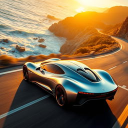 A sleek, modern sports car speeding along a coastal highway, with gleaming sunlight reflected off its polished metallic surface