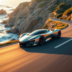 A sleek, modern sports car speeding along a coastal highway, with gleaming sunlight reflected off its polished metallic surface