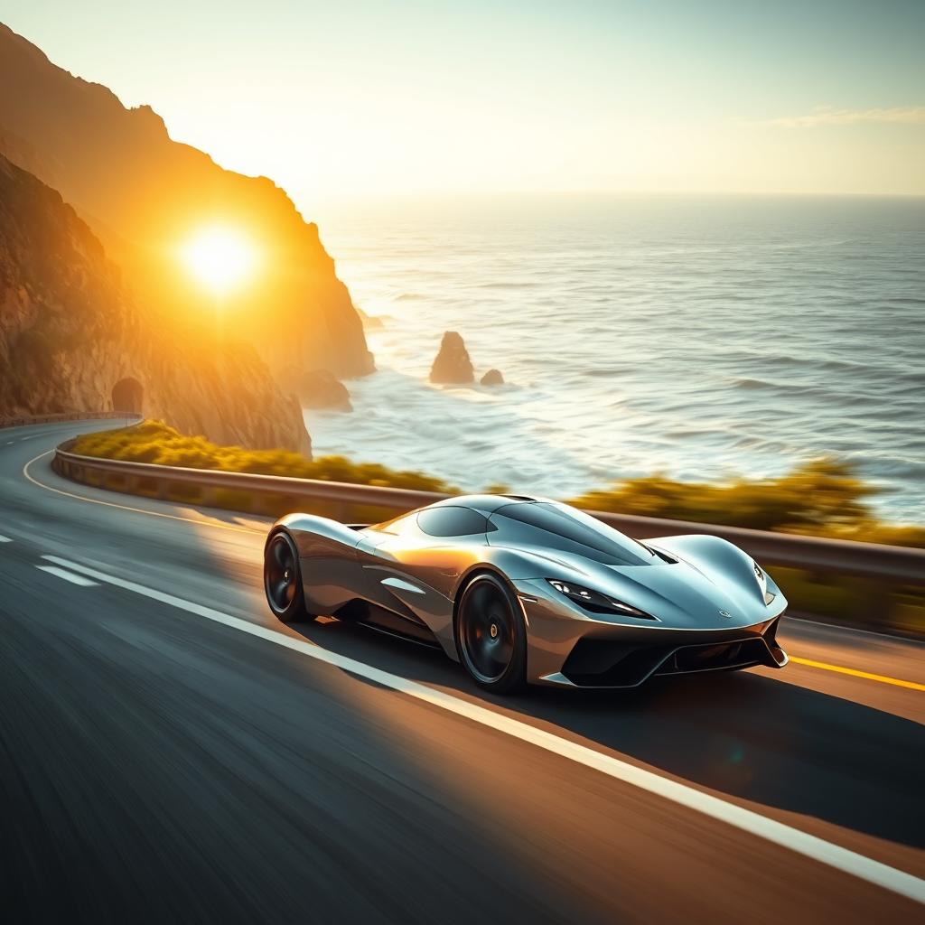 A sleek, modern sports car speeding along a coastal highway, with gleaming sunlight reflected off its polished metallic surface