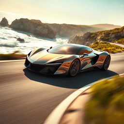 A sleek, modern sports car speeding along a coastal highway, with gleaming sunlight reflected off its polished metallic surface