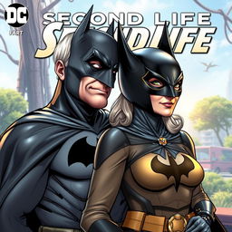 A comic book cover featuring senior Batman and Batwoman, both retired and appearing as avatars in the virtual world of "Second Life