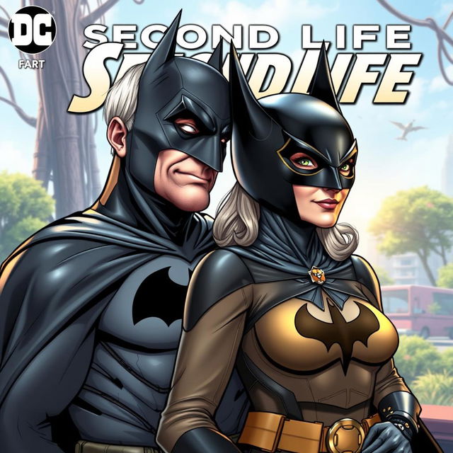 A comic book cover featuring senior Batman and Batwoman, both retired and appearing as avatars in the virtual world of "Second Life