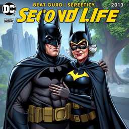 A comic book cover featuring senior Batman and Batwoman, both retired and appearing as avatars in the virtual world of "Second Life