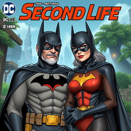 A comic book cover featuring senior Batman and Batwoman, both retired and appearing as avatars in the virtual world of "Second Life