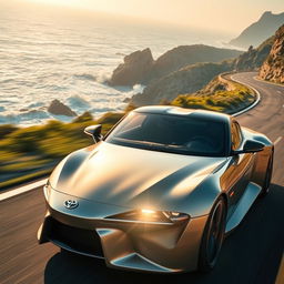 A sleek, modern Toyota sports car speeding along a coastal highway, with gleaming sunlight reflected off its polished metallic surface