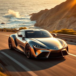 A sleek, modern Toyota sports car speeding along a coastal highway, with gleaming sunlight reflected off its polished metallic surface