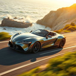 A sleek, modern Toyota sports car speeding along a coastal highway, with gleaming sunlight reflected off its polished metallic surface