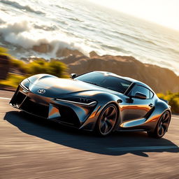 A sleek, modern Toyota sports car speeding along a coastal highway, with gleaming sunlight reflected off its polished metallic surface