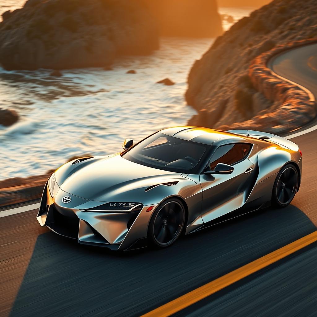 A sleek, ultra-aerodynamic Toyota sports car racing along a coastal highway