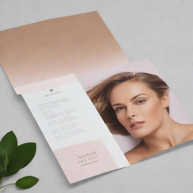 Redesign the 'Her Skin' brochure to align with high-end beauty salons, wellness centers, and boutique stores specializing in natural products.