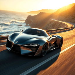 A sleek, ultra-aerodynamic Toyota sports car racing along a coastal highway