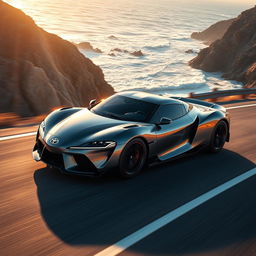 A sleek, ultra-aerodynamic Toyota sports car racing along a coastal highway