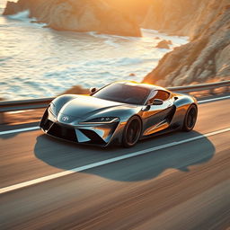 A sleek, ultra-aerodynamic Toyota sports car racing along a coastal highway