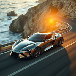 A sleek, ultra-aerodynamic Toyota sports car racing along a coastal highway