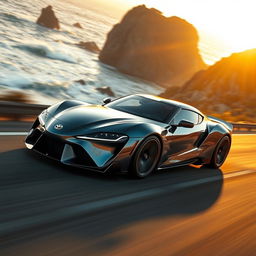 A sleek, ultra-aerodynamic Toyota sports car racing along a coastal highway