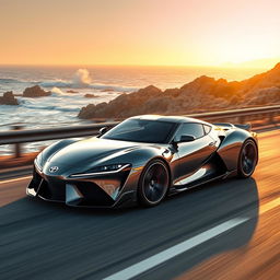 A sleek, ultra-aerodynamic Toyota sports car racing along a coastal highway