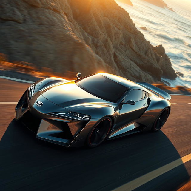 A sleek, ultra-aerodynamic Toyota sports car racing along a coastal highway