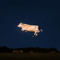 The playful cow is now leaping over a signaturely larger, incredibly radiant moon set against a backdrop of a starlit night sky.