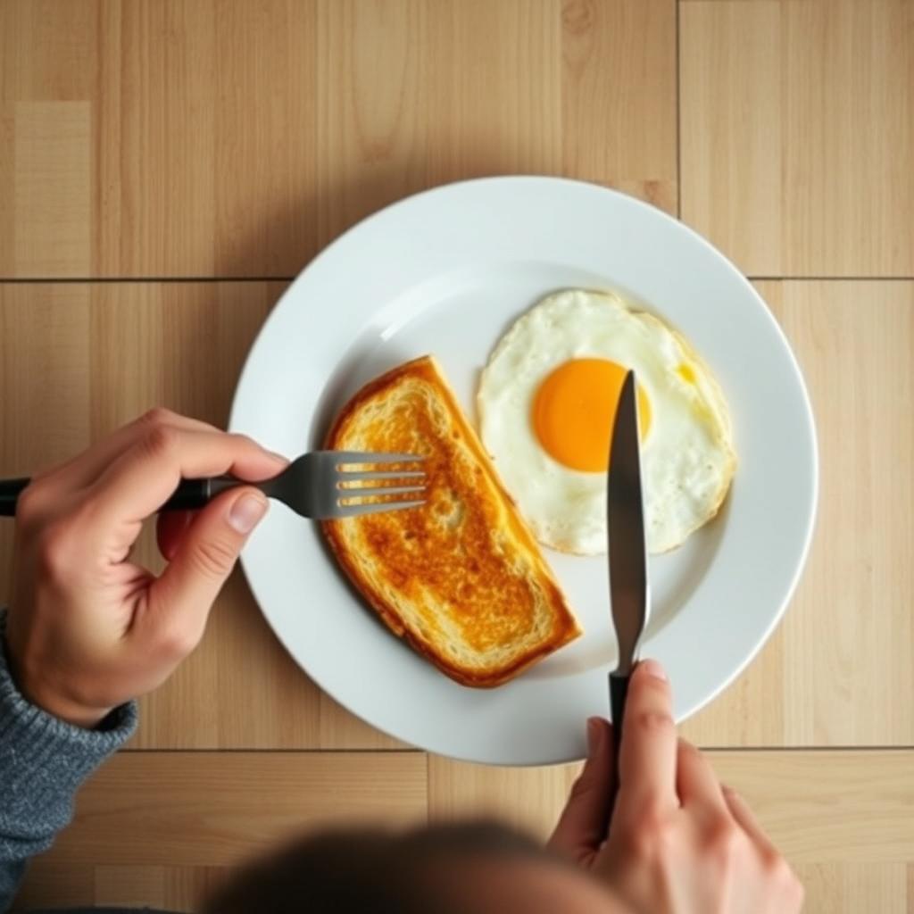 Top angle overhead shot of a breakfast scene on a wooden table