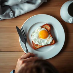 Top angle overhead shot of a breakfast scene on a wooden table