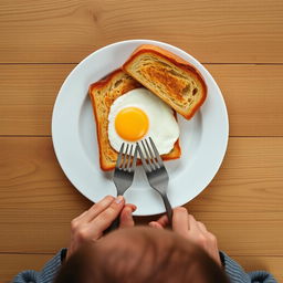 Top angle overhead shot of a breakfast scene on a wooden table