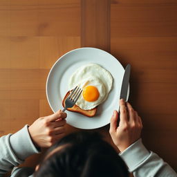 Top angle overhead shot of a breakfast scene on a wooden table