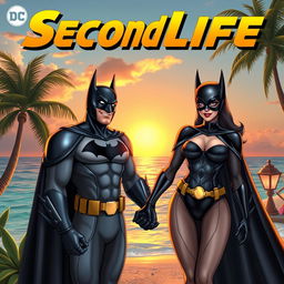 A comic book cover featuring handsome Batman and his wife Batwoman as avatars in the virtual world of "Second Life