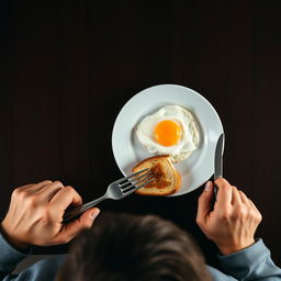 Top angle overhead shot of a breakfast scene on a dark mahogany table