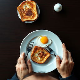 Top angle overhead shot of a breakfast scene on a dark mahogany table